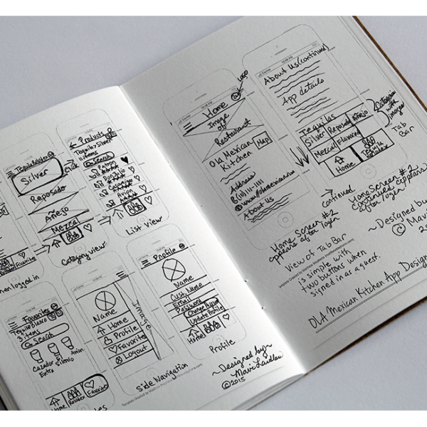 Image of a notebook showing two pages with black inked sketches of the app design