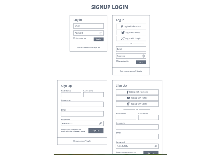 Wireframes for signup and login screen