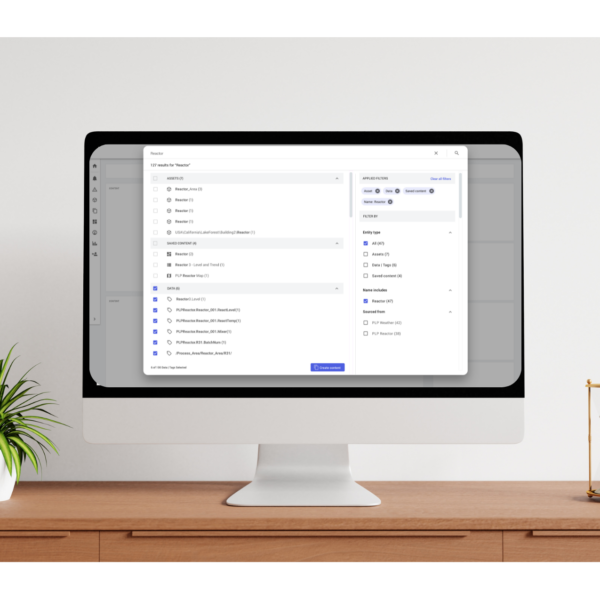 Search Experience ReDesign for AVEVA shown on a mockup image of a desktop computer. 