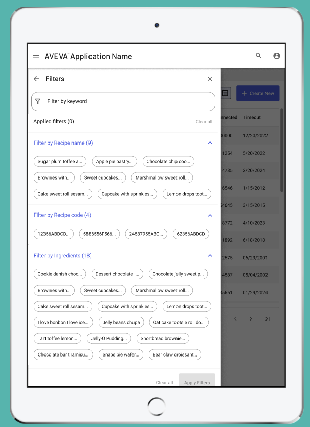 Prototype of filter option B where the choices of the columns to be filtered appear in a modal pop-up area of the data table.