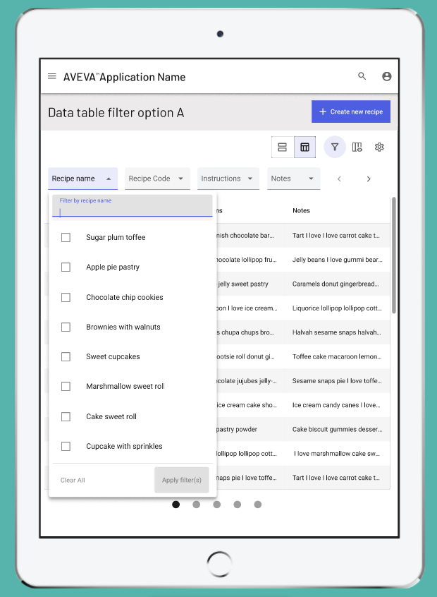 Prototype of filter option A where the choices of the columns to be filtered appear in the header area of the data table.