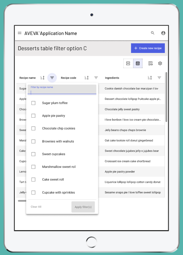 Prototype of filter option C where the choices of the columns to be filtered appear in the columns the data table.