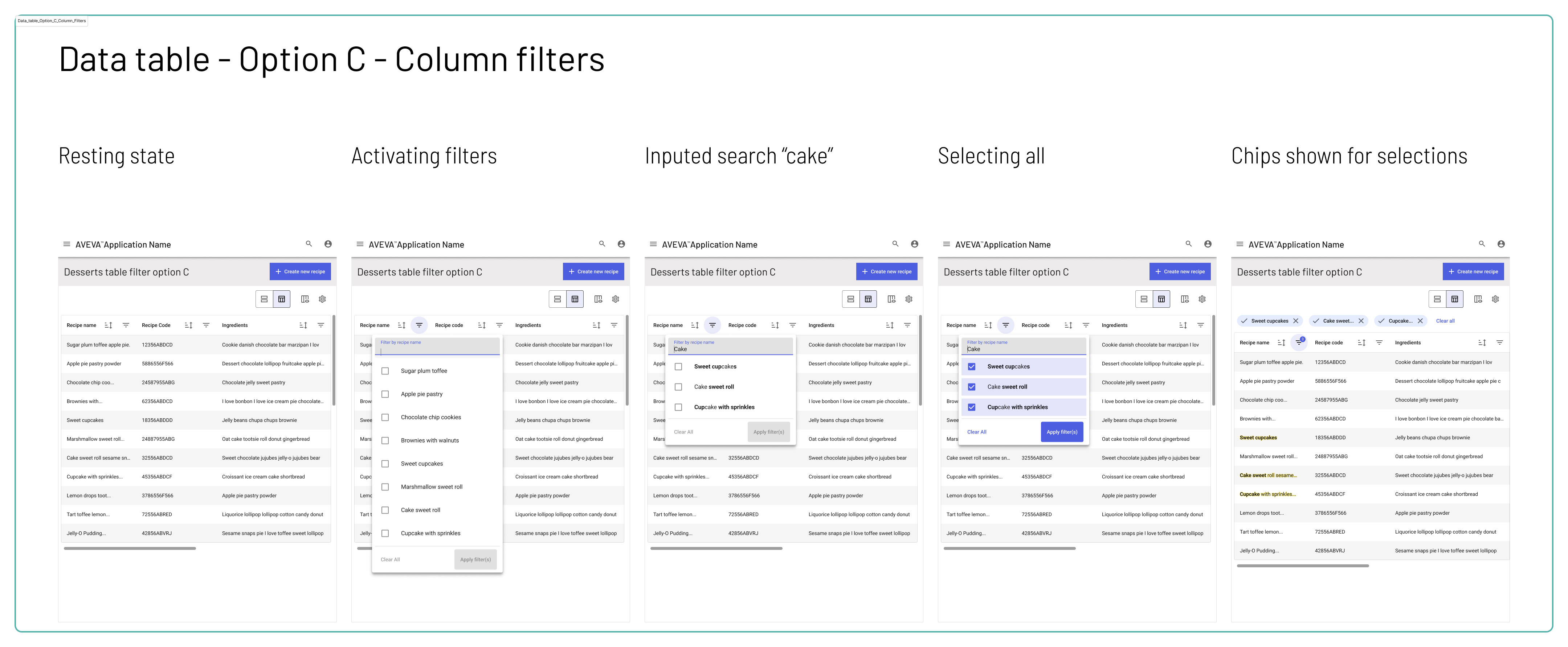 Data table - Option C - Column filters prototype screenshot of five flows
