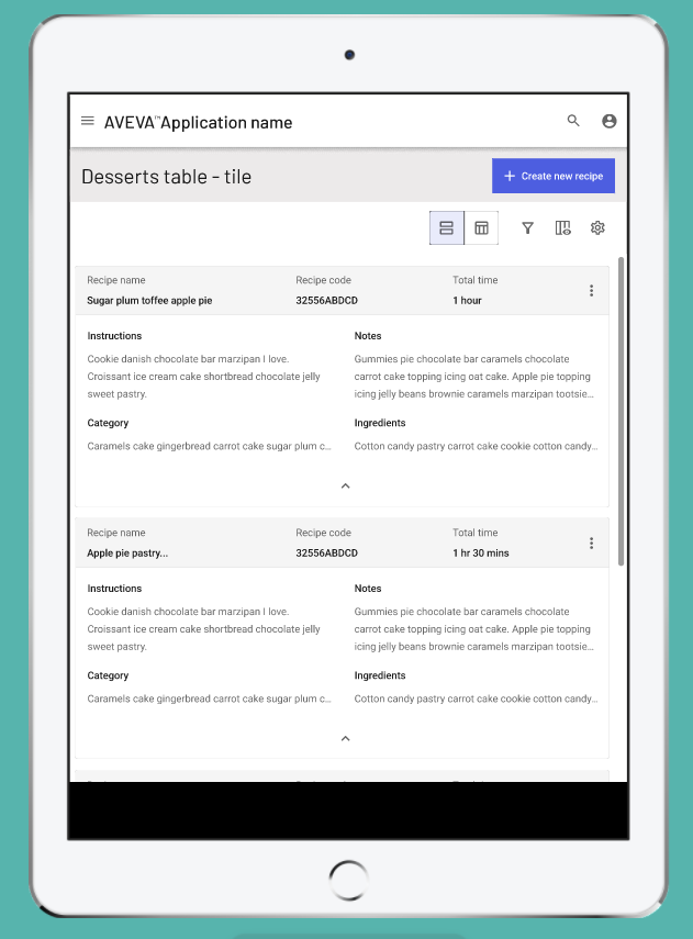 Prototype screenshot of the tile view where items in the data table are stacked instead of in a list.