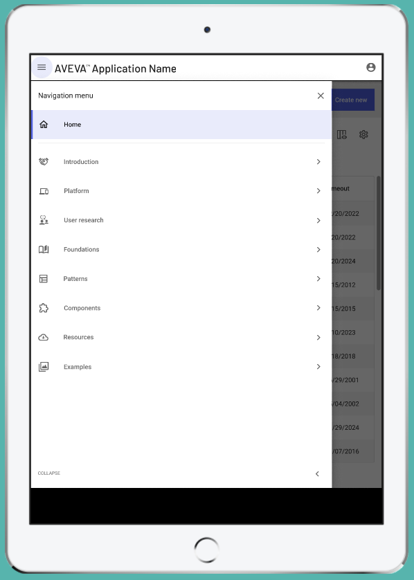 Prototype screenshot of a expanded navigation menu full screen.