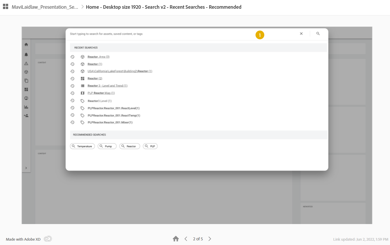 Images of a prototype search experience showing a list of assets step 1 of 4