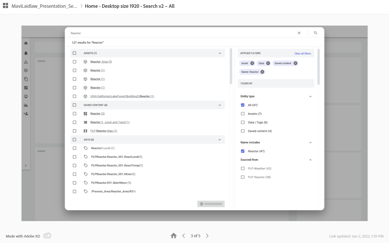 Images of a prototype search experience showing a list of assets on one side and the filter on the right step 2 of 4