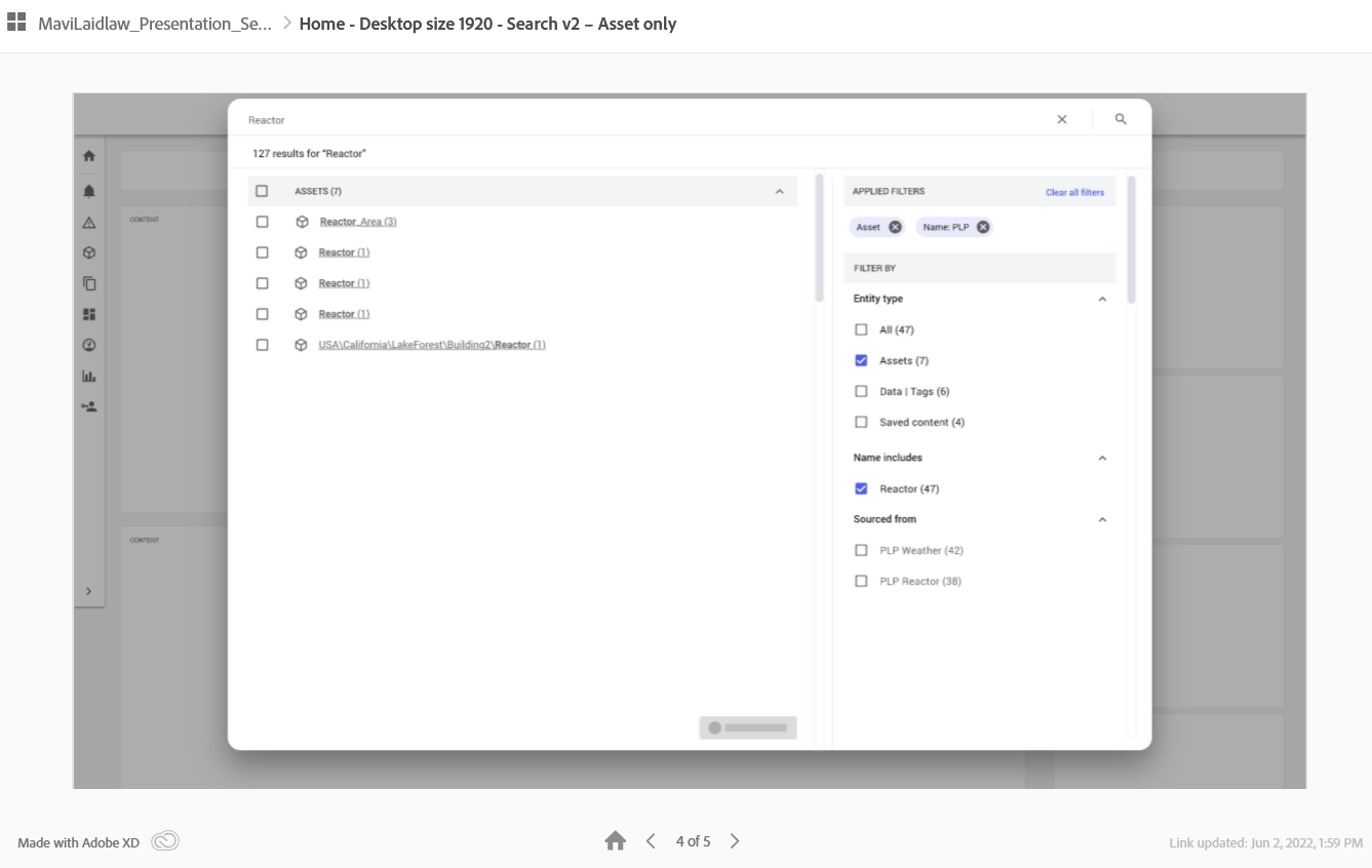 Images of a prototype search experience showing a list of assets that has been filtered, step 3 of 4