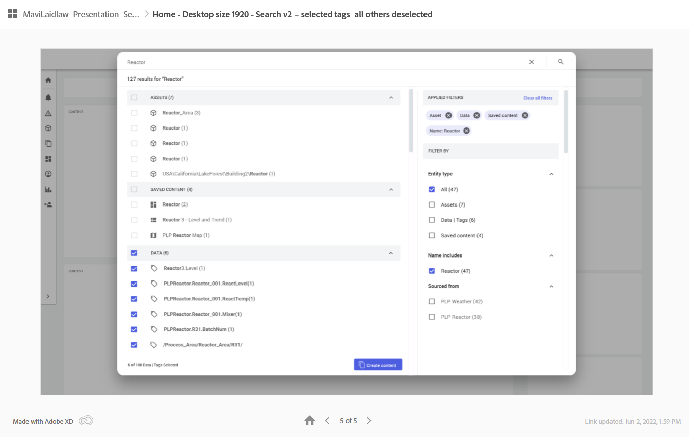 Images of a prototype search experience showing a list of assets and filters that have been selected and now the call to action button is active step 4 of 4