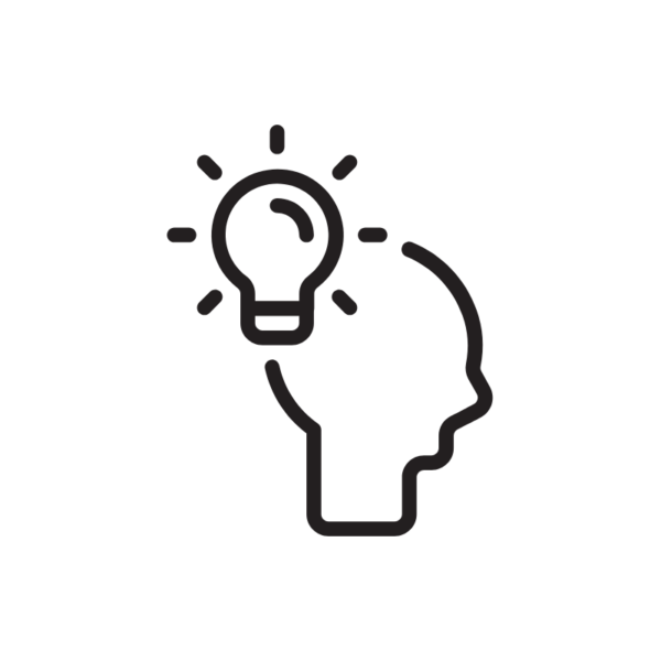 black and white icon, head outline light bulb shining