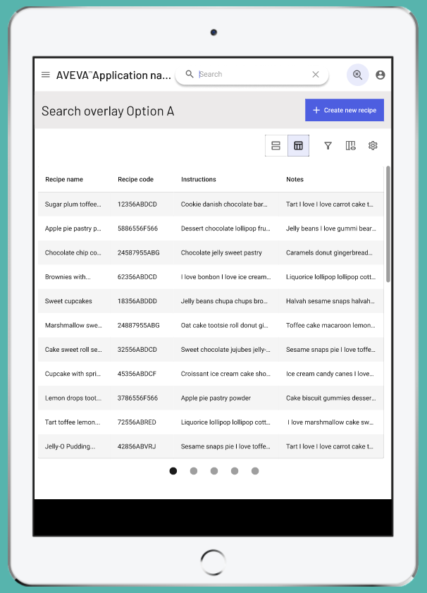 Prototype screenshot of the app bar search field active, all over a data table