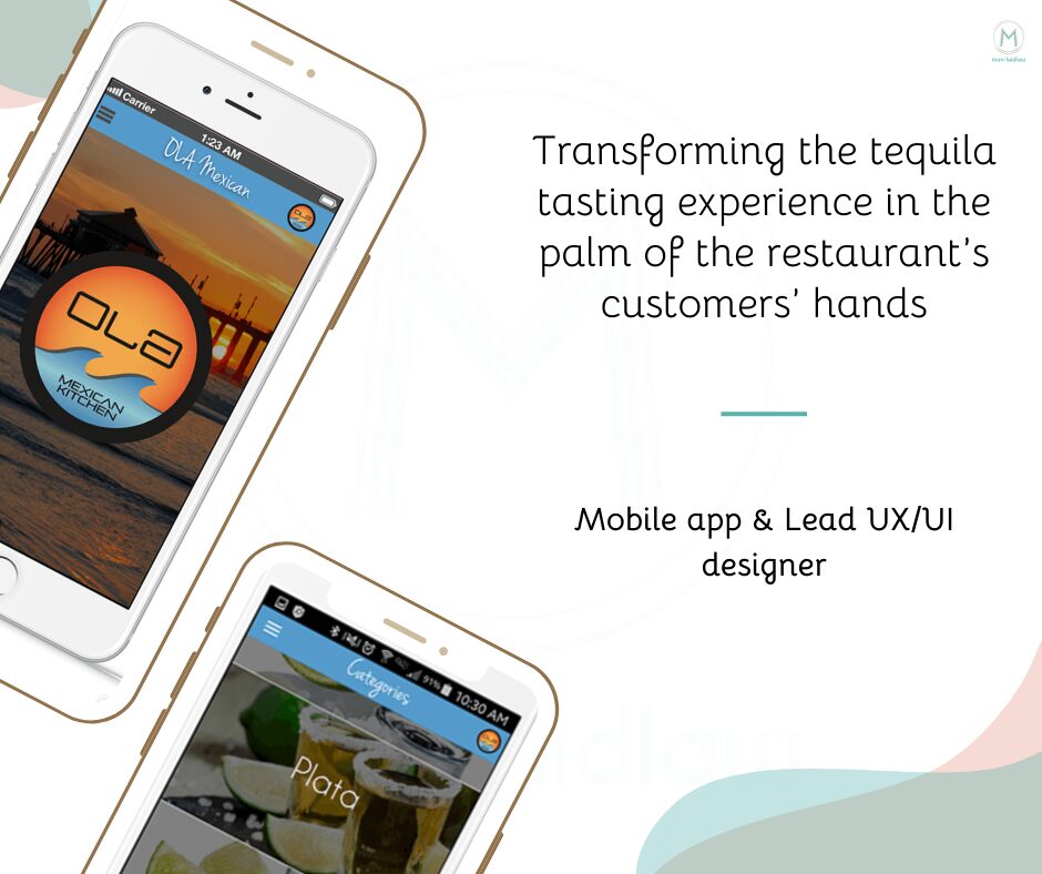 A hero image for OLA Mexican kitchen which includes two mockups of mobile devices, a headline, and a button to view my project.