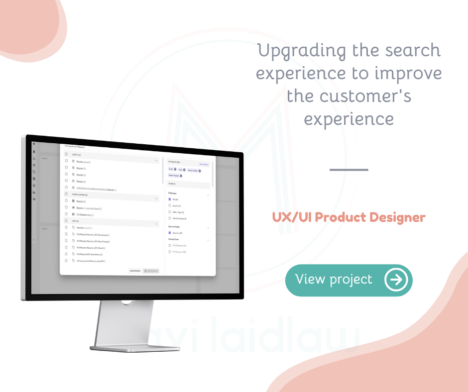 A hero image for search experience which includes one mockup of a computer, a headline, and a button to view my project.