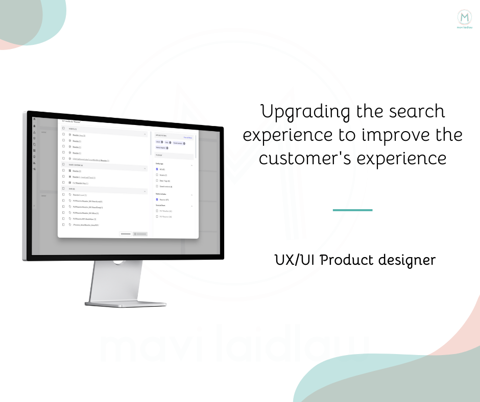 A hero image for search experience which includes one mockup of a computer, a headline, and a button to view my project.