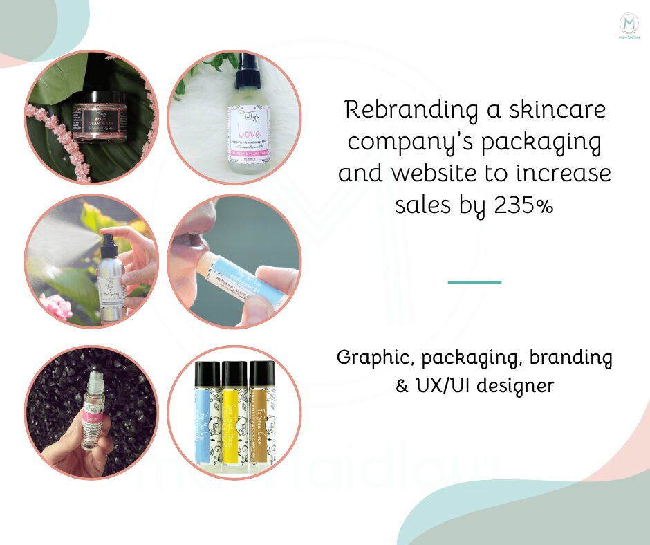 A hero image for Tolly's Treatments which includes six mockups of product images, a headline, and a button to view my project.