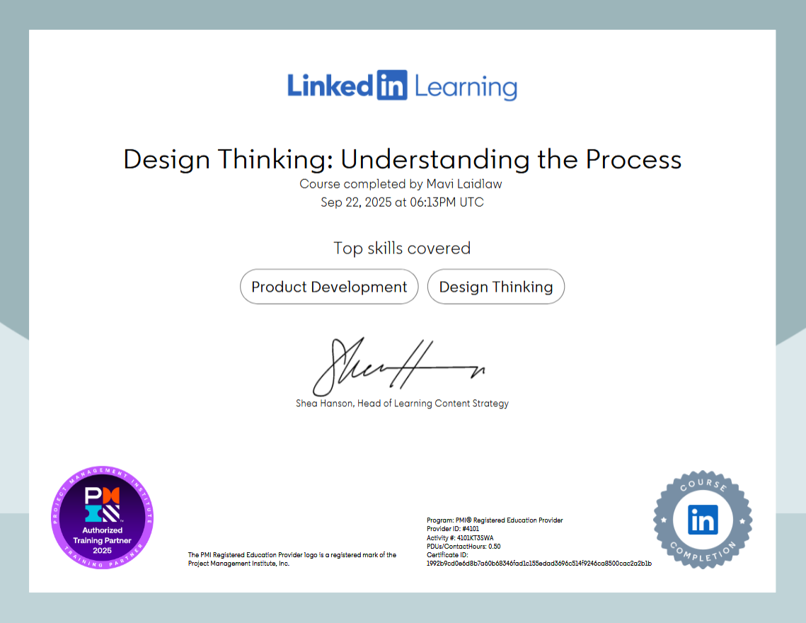 linkedin learning certificate, Design thinking, understanding the process. Top skills covered Product Development and Design Thinking